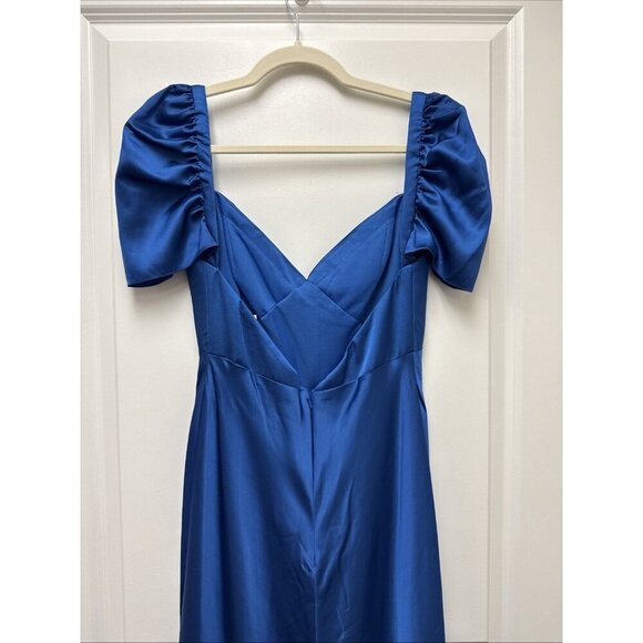 MAC DUGGAL Size 6 Blue Satin Empire Waist Puff Sleeve Formal Gown Dress New $498 - Picture 8 of 10